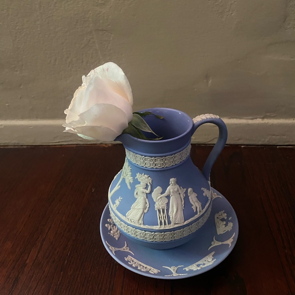 Wedgwood Blue and White Ceramic Pitcher with saucer -excellent condition